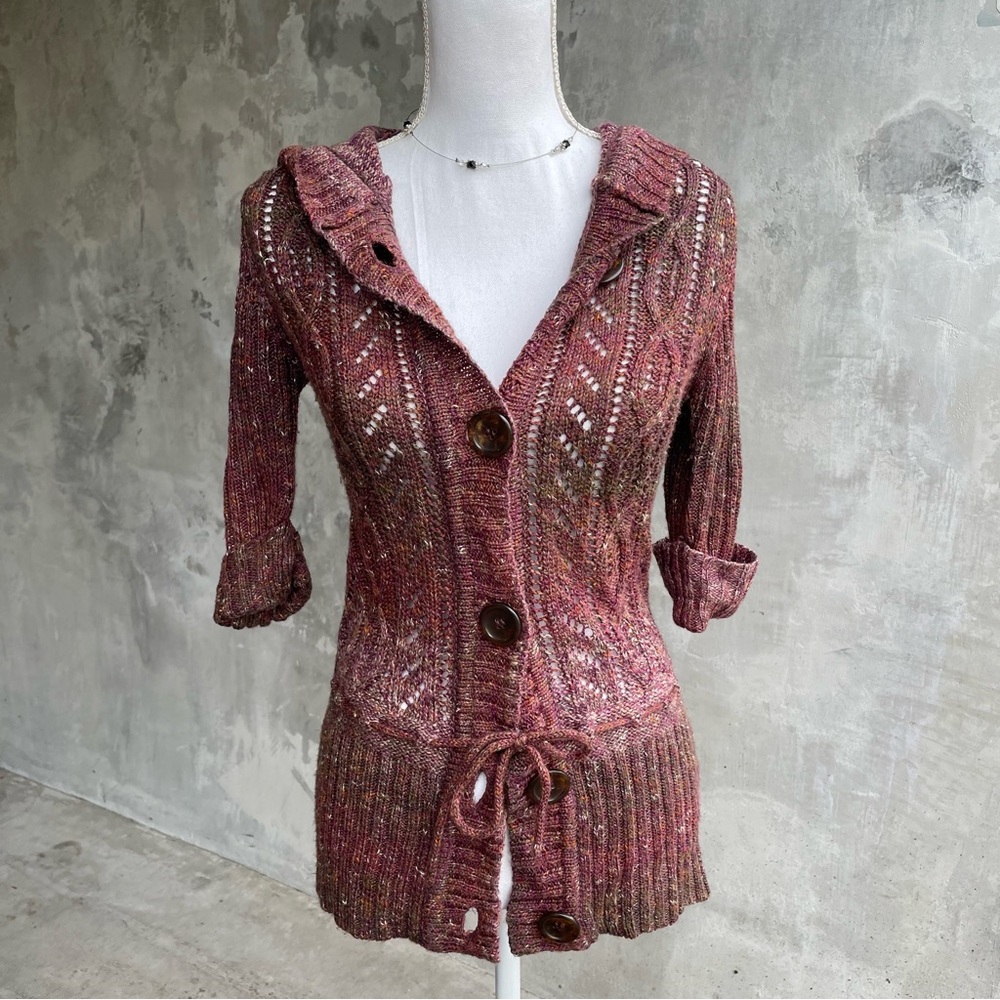 y2k Knit Burgundy Hooded Cardigan Sweater